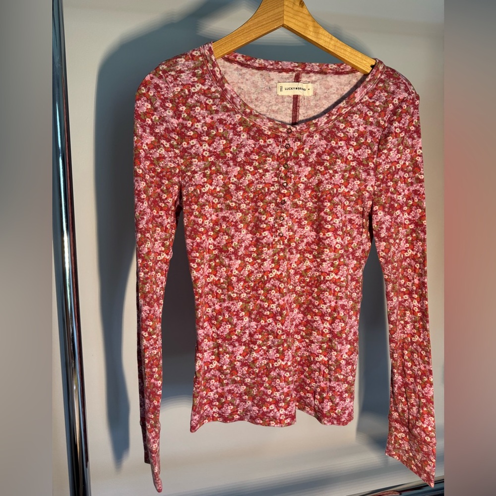 Lucky Brand Red and Pink Floral Long Sleeve Henley